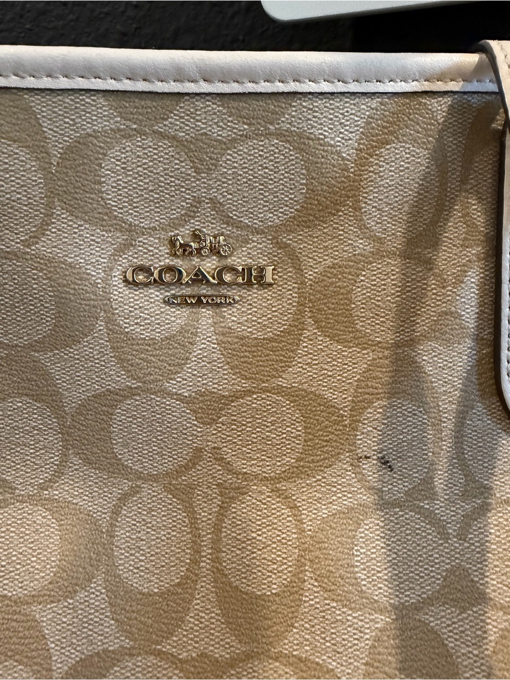 Coach Tan Signature Canvas Tote with Cream Trim khaki tote bag authentic USED - Picture 8 of 15